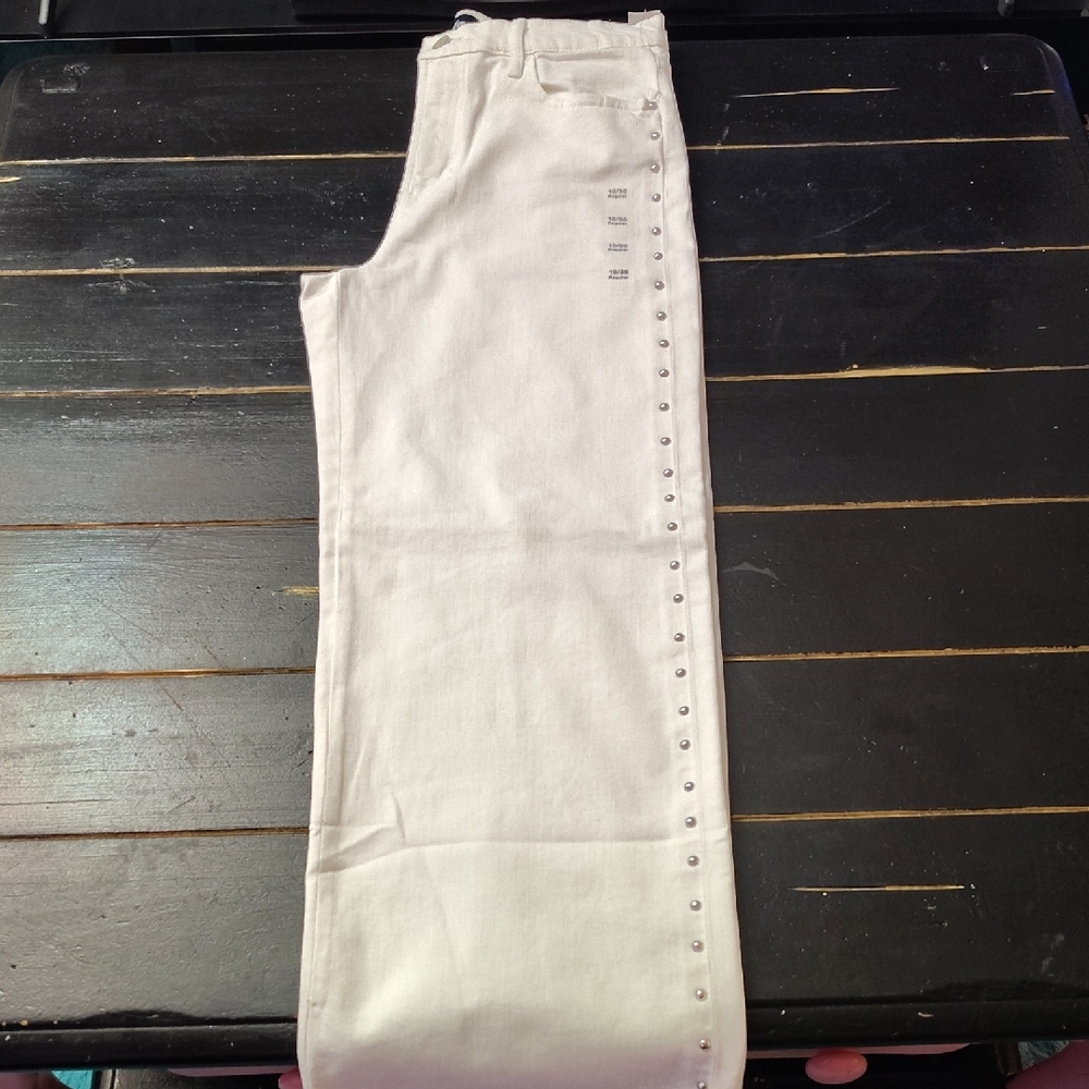 GAP WOMEN'S STUDDED WHITE HIGH RISE WIDE LEG DENIM - Picture 2 of 13